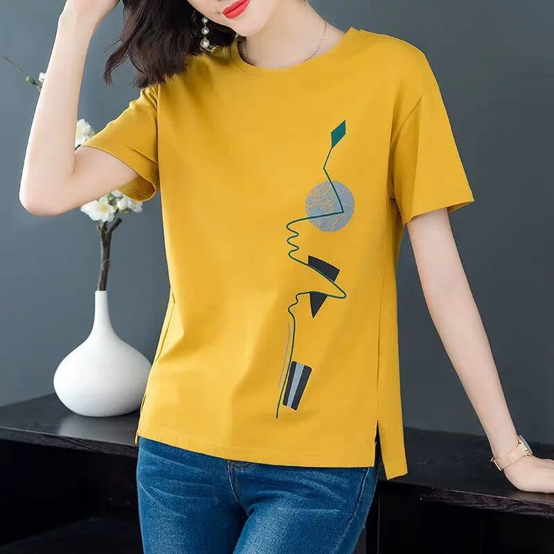 DAYIFUN-Side Opening T-shirt Women's,Summer Korean Simple Printing,Office Ladies' Tshirts,Short Sleeve,Round Neck,Versatile Tops