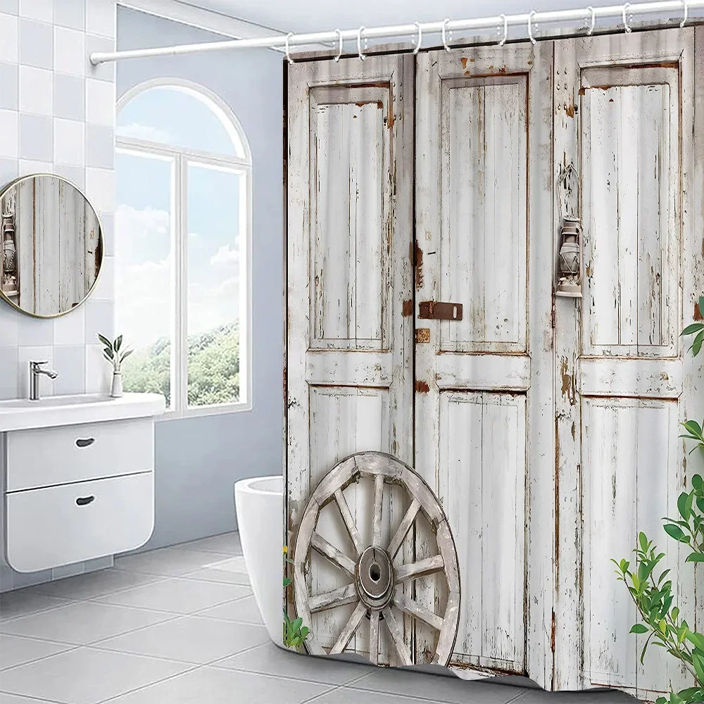 Retro Rustic Old Vintage Wood Doors Shower Curtain Set Country Rustic Barn Doors Farm Decor Fabric Bathroom Curtain Bath Screens