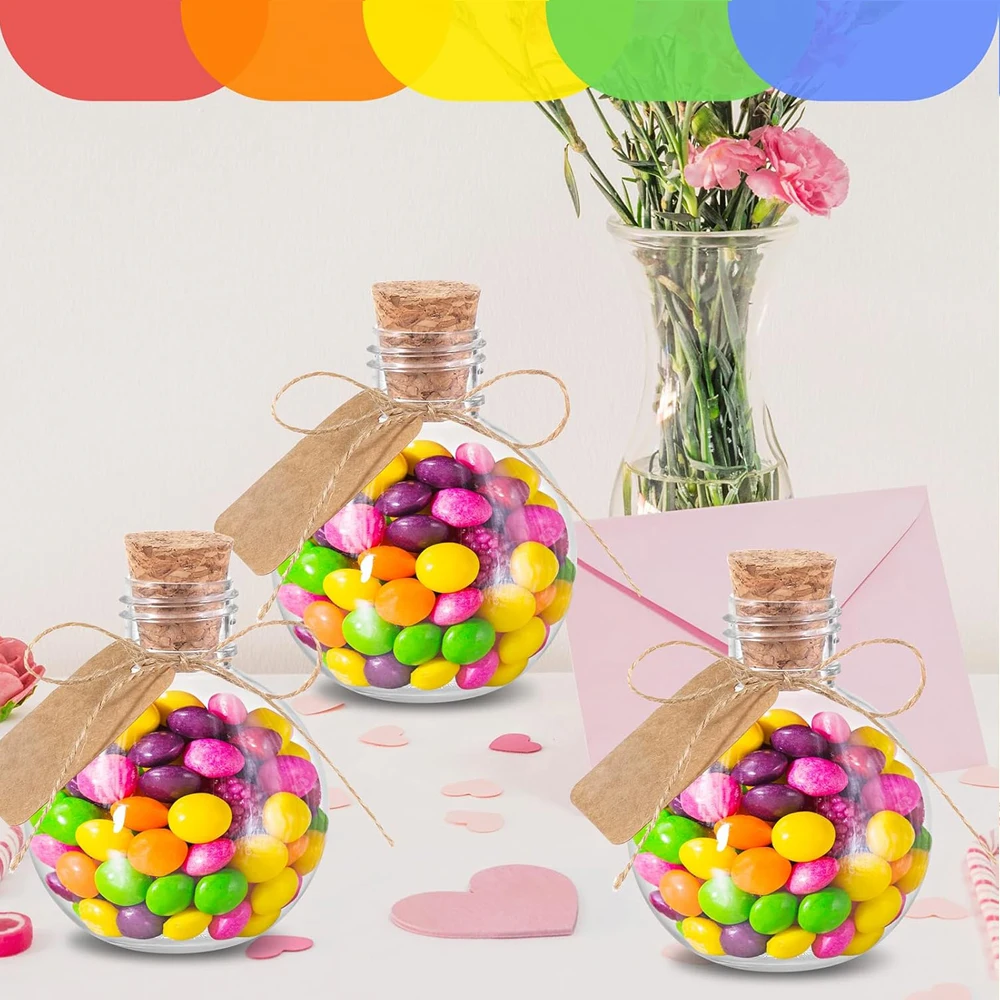 Spherical Plastic Potion Bottles Ball Shape Round Bottles 3.4 oz Sand Art Bottles with Corks and Tags Decorative Bottle Candy