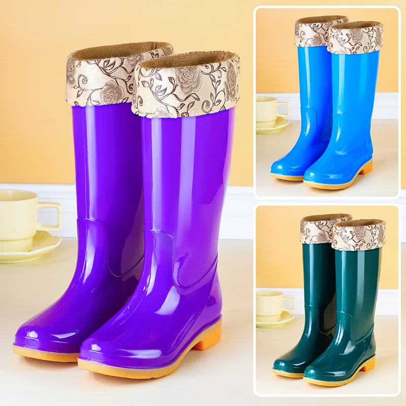 Women's High-Tube Fleece Lined Woman Rain Boots No-Slip Wear-Resistant Warm PVC Material Bottom Labor Protection Women's Shoes