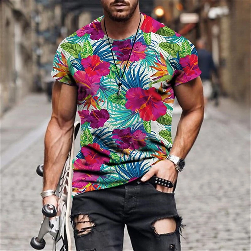 Fashion Floral Pattern T-Shirts, Summer Trend Short Sleeve, Men O-Neck 3D Flower Printed T-Shirt, Casual Streetwear Harajuku