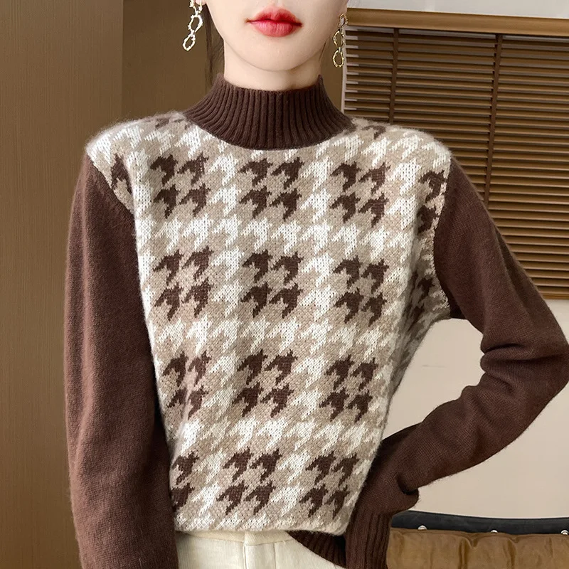 Autumn and Winter New Retro Jacquard Wool Sweater Seven-Pin Houndstooth Design Sense Mock Neck Sweater