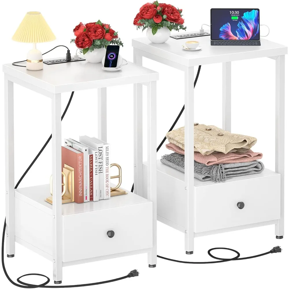 

White Nightstands Set of 2 with Charging Station-Modern Night Stand Bedside Table with Storage Drawer and Shelf,End Side Table