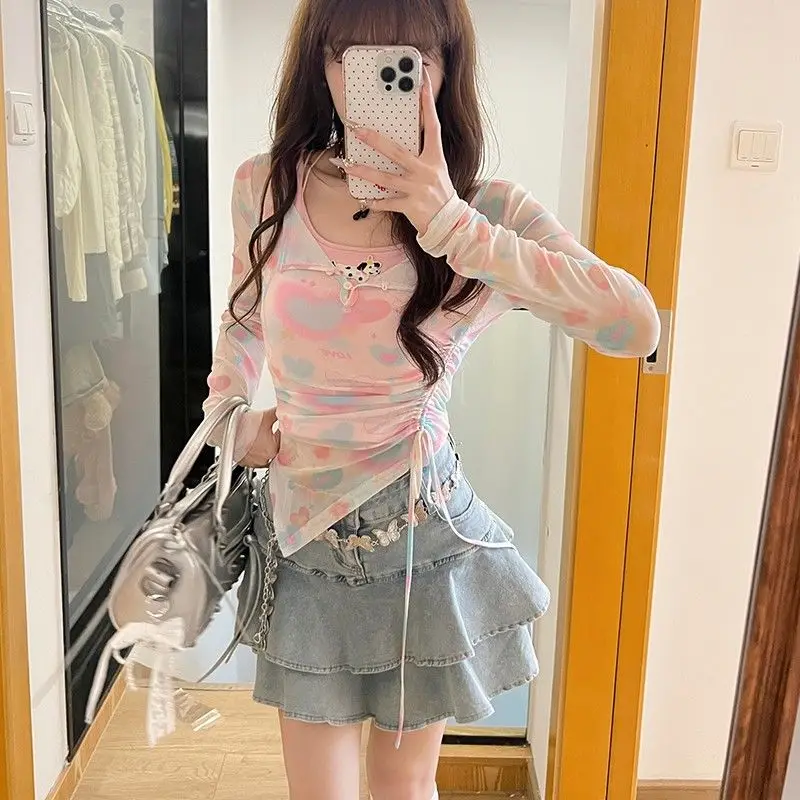 

Japan Y2k Long Sleeve Blouse Top Women Summer Pink Camisole