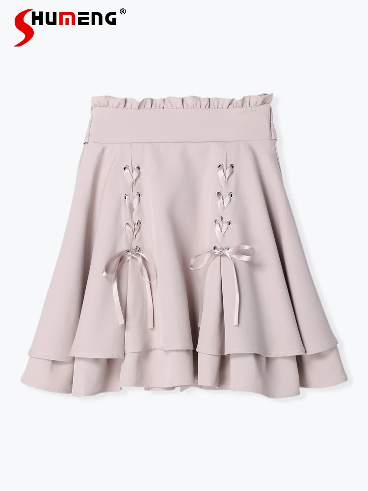 Japanese Style Cute Mine Double-Layer Skirt Woman 2023 Fall New Lolita Sweet A- Line Bandage Ruffles Short Skirts for Women