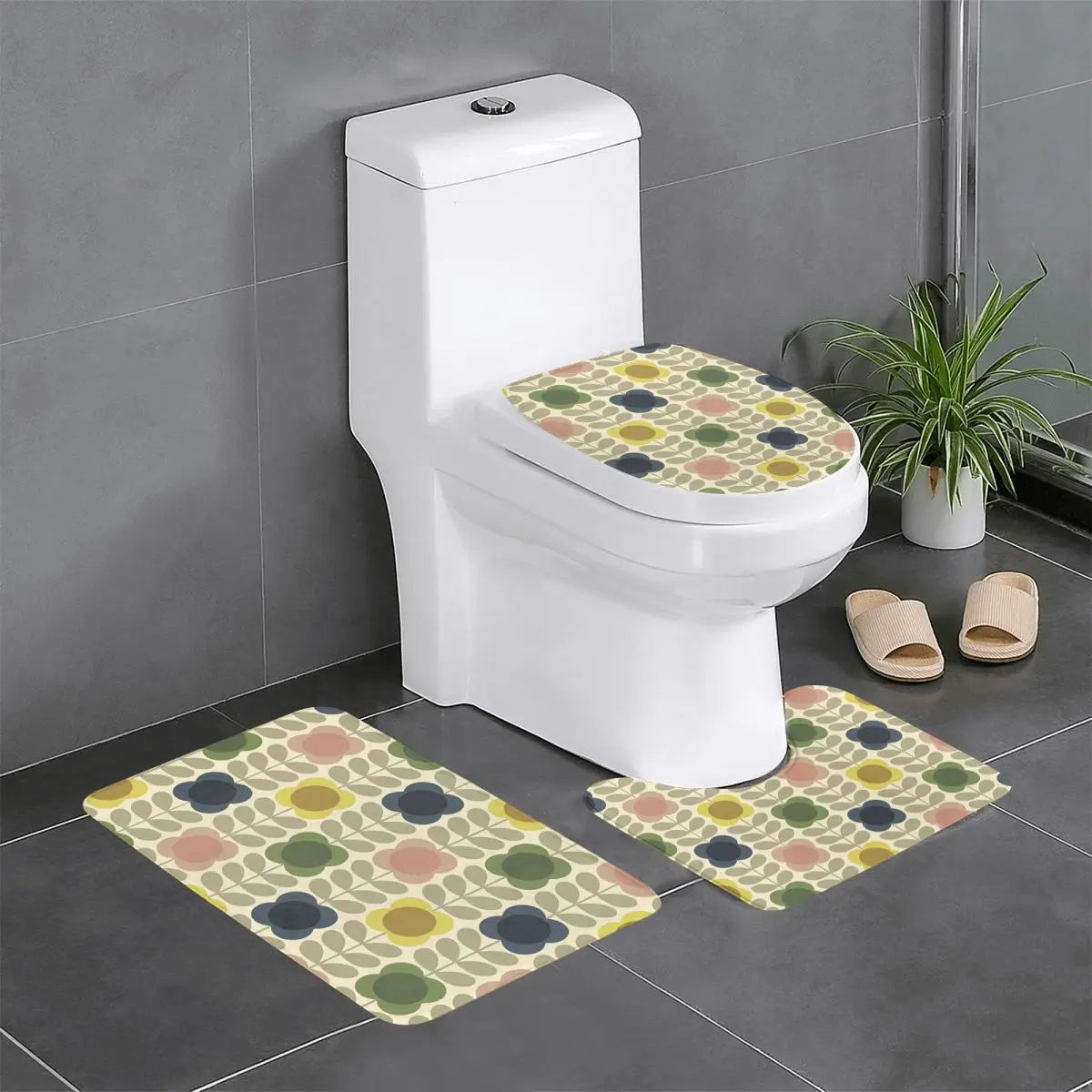 Custom Orla Kiely Summer Flower Stem Bathroom Rugs Set 3 Piece Non-Slip Scandinavian Pattern Toilet Bath Mat Sets