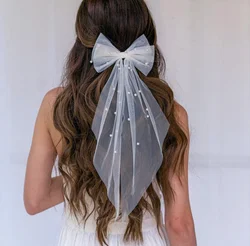 Bride Hairpins Wedding Hair Accessories Elegant Long Ribbon Mesh Pearl Bow Hair Clip For Women Bridemaid White Mesh Bow Veils