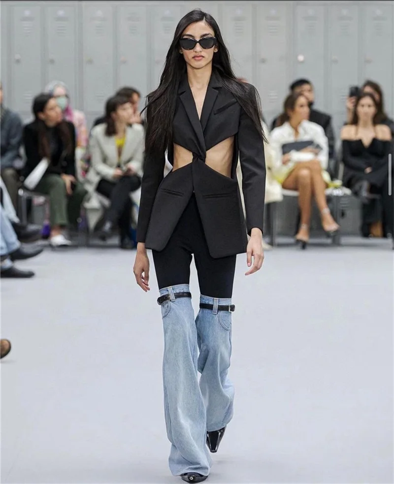 Hot Women Jeans Pants With Belt Fashion Patchwork American Style Spring 2023 High Waisted Straight Wide Leg Trousers In Stock