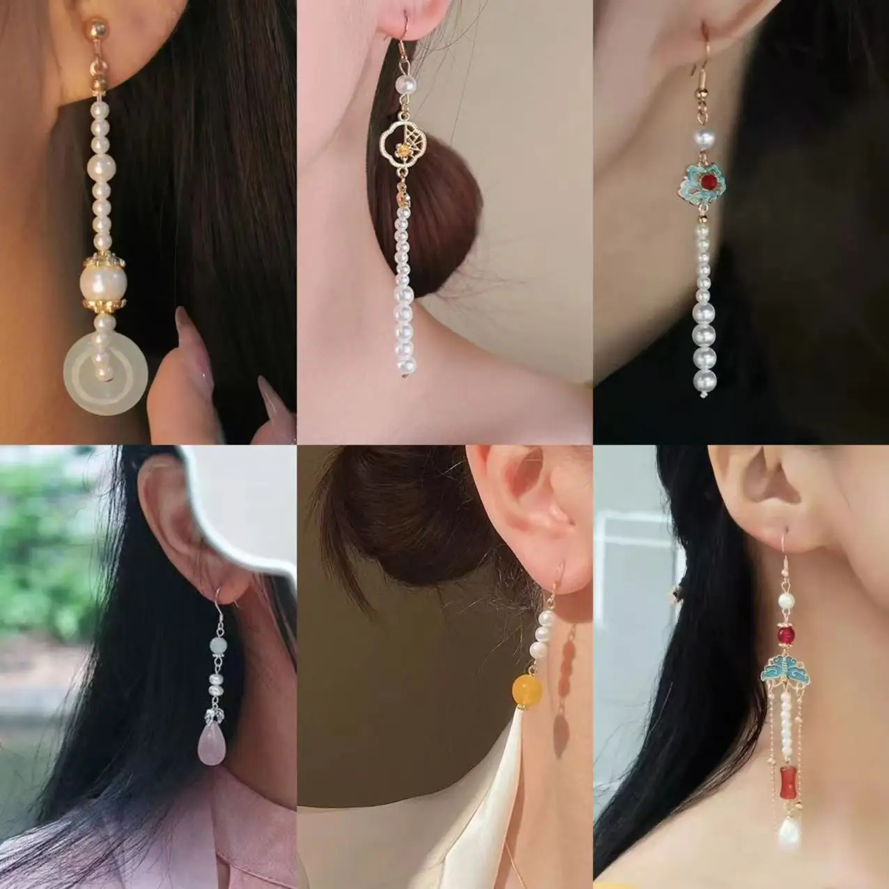 Retro Chinese Pearl Bead Earrings for Women Ancient Palace Style Jade Loop Pendant Luxury Jewelry Elegant Ethnic Ear Clip Gifts