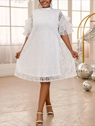 Women White Floral Lace Loose Dress Half High Collar Short Ruffle Sleeve Tulle Patchwork Casual Going Out Birthday Prom Gowns