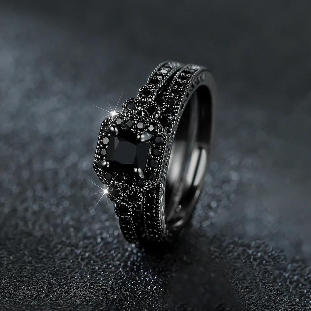 Vintage Square Black Stone Ring Set Female Black Gold Color Zircon Wedding Party Rings For Women Stacking Couple Finger Jewelry