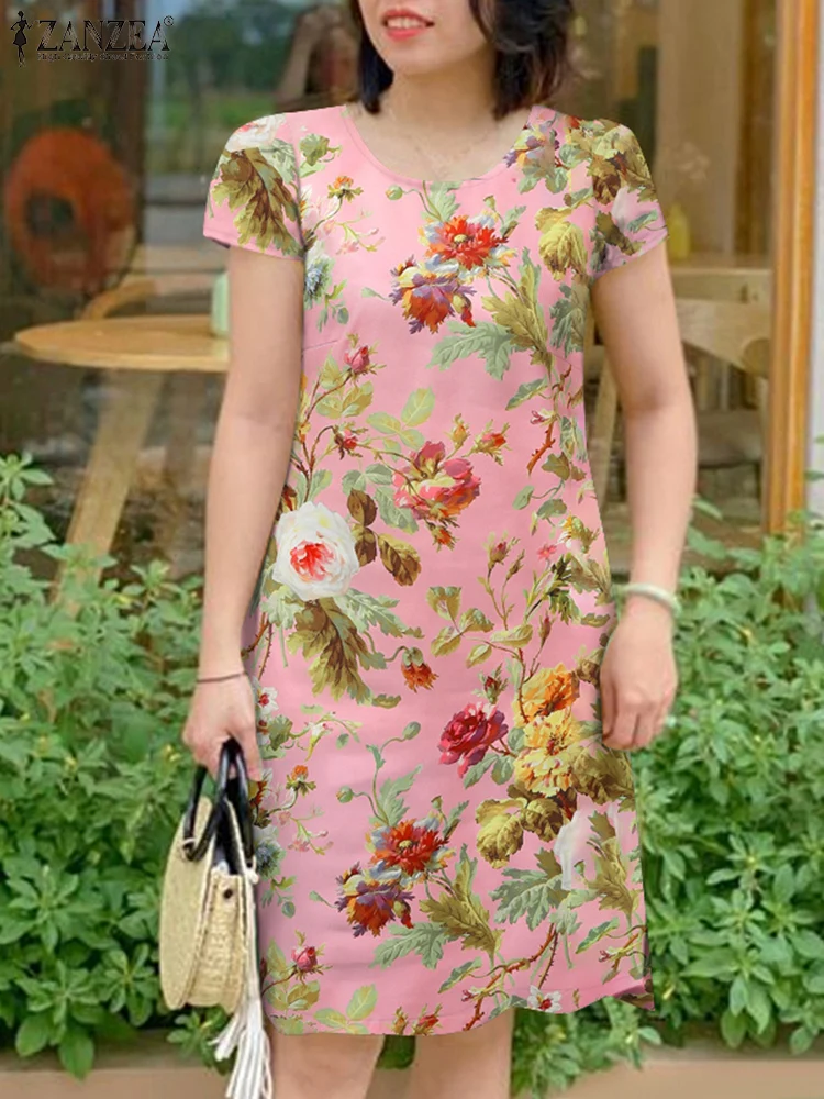 

2025 ZANZEA Summer Elegant Short Sleeve Floral Printed Dress Women Dresses Stylish Casual Holiday Party Knee Length Vestido Robe
