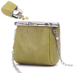 Monedero cuadrado Retro para mujer, cartera pequeña con broche de cuero genuino con cadena, llavero, lápiz labial, tarjetero, bolso de hombro de embrague femenino