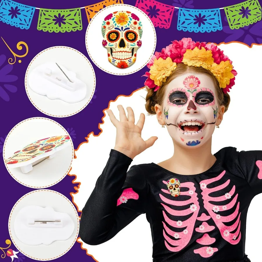 36 قطعة يوم الموتى الاكريليك بروش السكر الجمجمة تسمية دبابيس ضياء دي لوس Muertos زهرة الجمجمة عطلة بروش دبابيس للملابس با