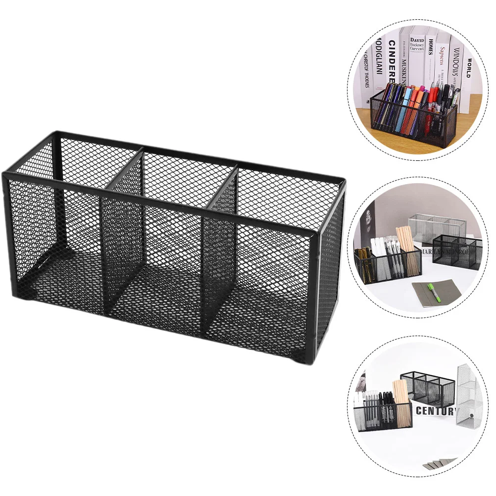 

Three Grid Storage Box Space-saving Holder Pen for Desk Organizer Metal Office Supply Desktop Iron Pencil Large Capacity