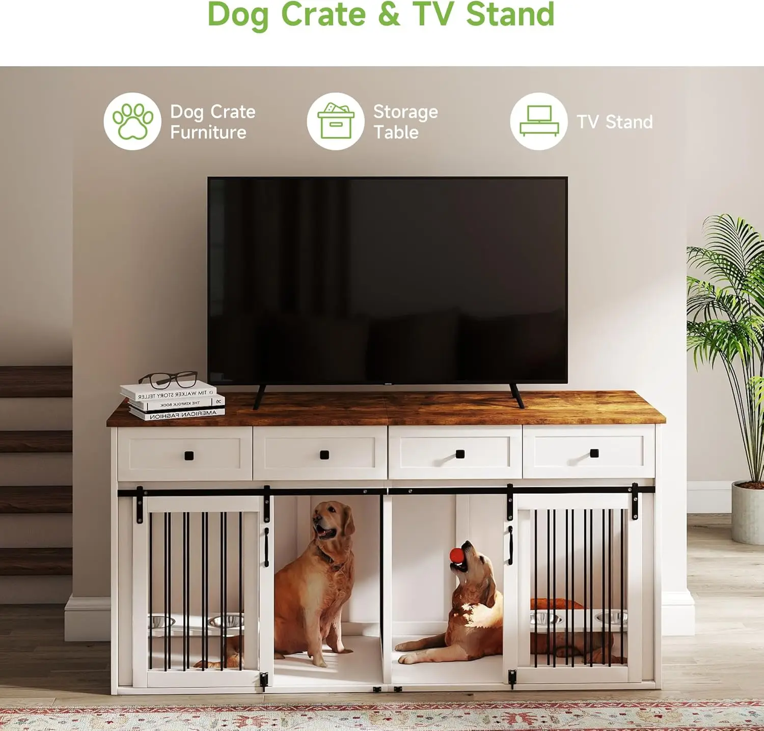أثاث على شكل صندوق للكلاب، منزل كلب متعدد الأغراض مقاس 71 بوصة مع غرف مزدوجة، مقسم وباب الحظيرة المنزلق، إطار فولاذي داخلي مزدوج للكلاب
