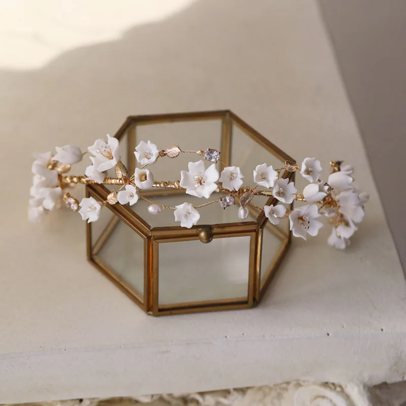 Ins Style Bridal Crown Ceramic Floral Wedding Hair Tiara Freshwater Pearls Jewelry Handmade Gold Color Women Hairband