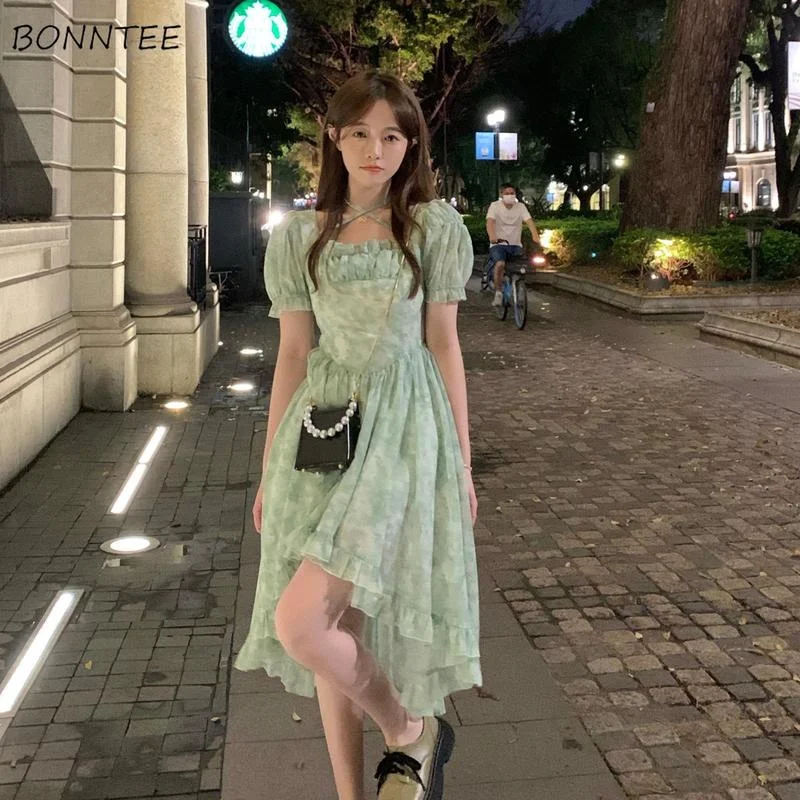 Puff Sleeve Green Dresses Women Asymmetrical Korean Fashion Sweet Lovely Casual New Design Summer Платье Женское Cozy Young Lady