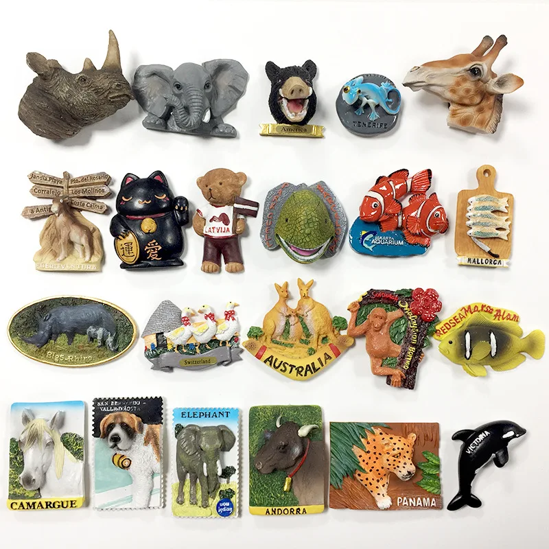 

3D Resin World Animal Fridge Magnets Cute Rhino Elephant Koala Design Country Souvenir Refrigerator Decor Home Accents