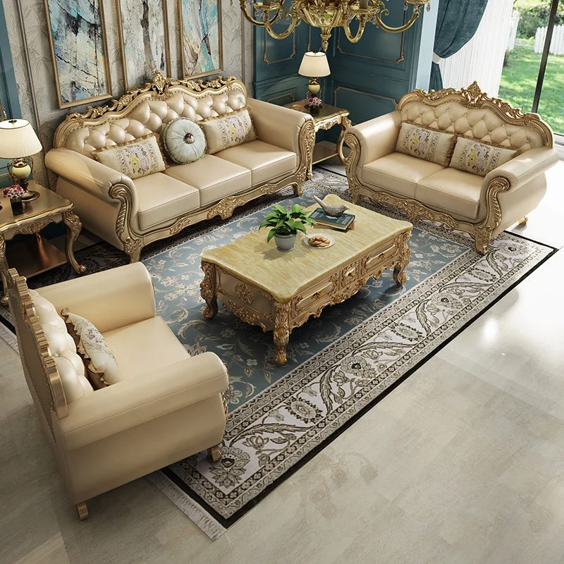 #European-style Sofa Set Living Room Modern Simple Luxury Solid Wood Microfiber Leather Sponge Filled Champagne