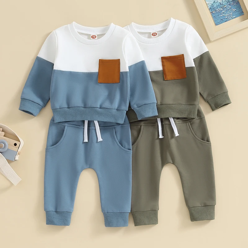 2023-05-19 Lioraitiin 0-3T Toddler Boys Fall Outfits Contrast Color Pocket Long Sleeve Sweatshirts Solid Long Pants Clothes Set