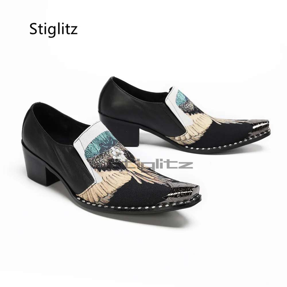 Trendy Prints High Heels Business Shoes for Men Metal Pointed Toe British Style Slip On Patchwork Casual Party Dress Male Shoes