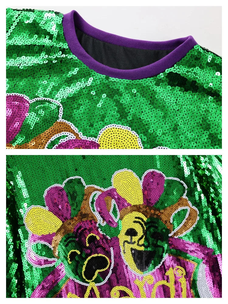 Robe de soirée à paillettes pour femmes, Mardi Gras Twin Jesters, tenue de carnaval, décontractée, manches courtes, t-shirt à paillettes