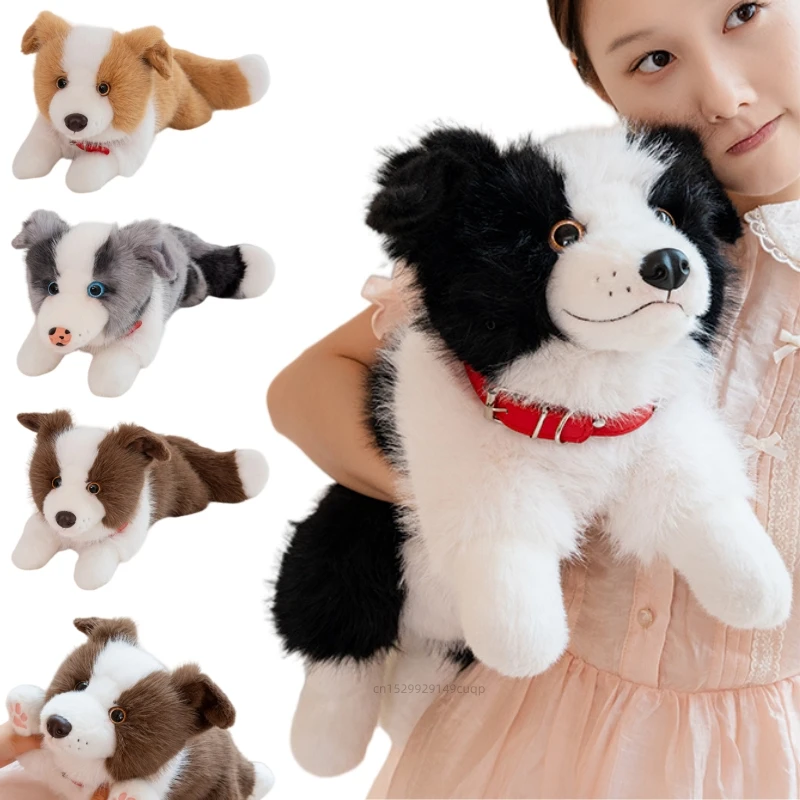 40/50cm Simulation Dog Plush Doll Pillow Collar Grey Black Brown Border Collie Animal Stuffed Toy Home Decor Gift For Kids