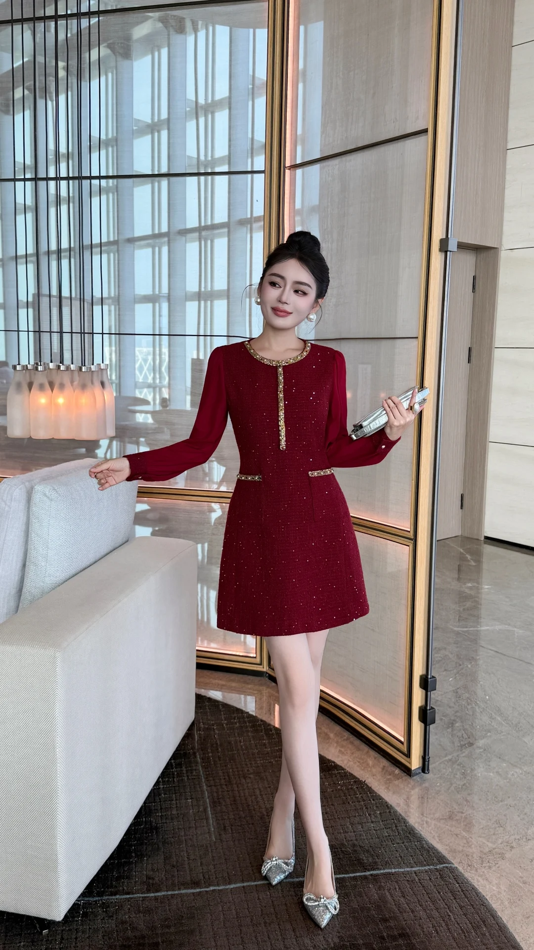 ZJYT diseñador moda mujer rebordear Tweed vestido de lana Otoño Invierno nueva manga larga Vintage Casual fiesta vestidos cortos rojo