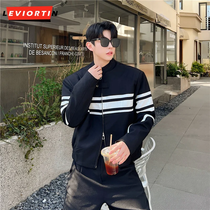 

Men Jackets Contrast Patchwork Stand Collar Streetwear Long Sleeve Zipper Coats 2024 Autumn Fashion Personality Outerwear