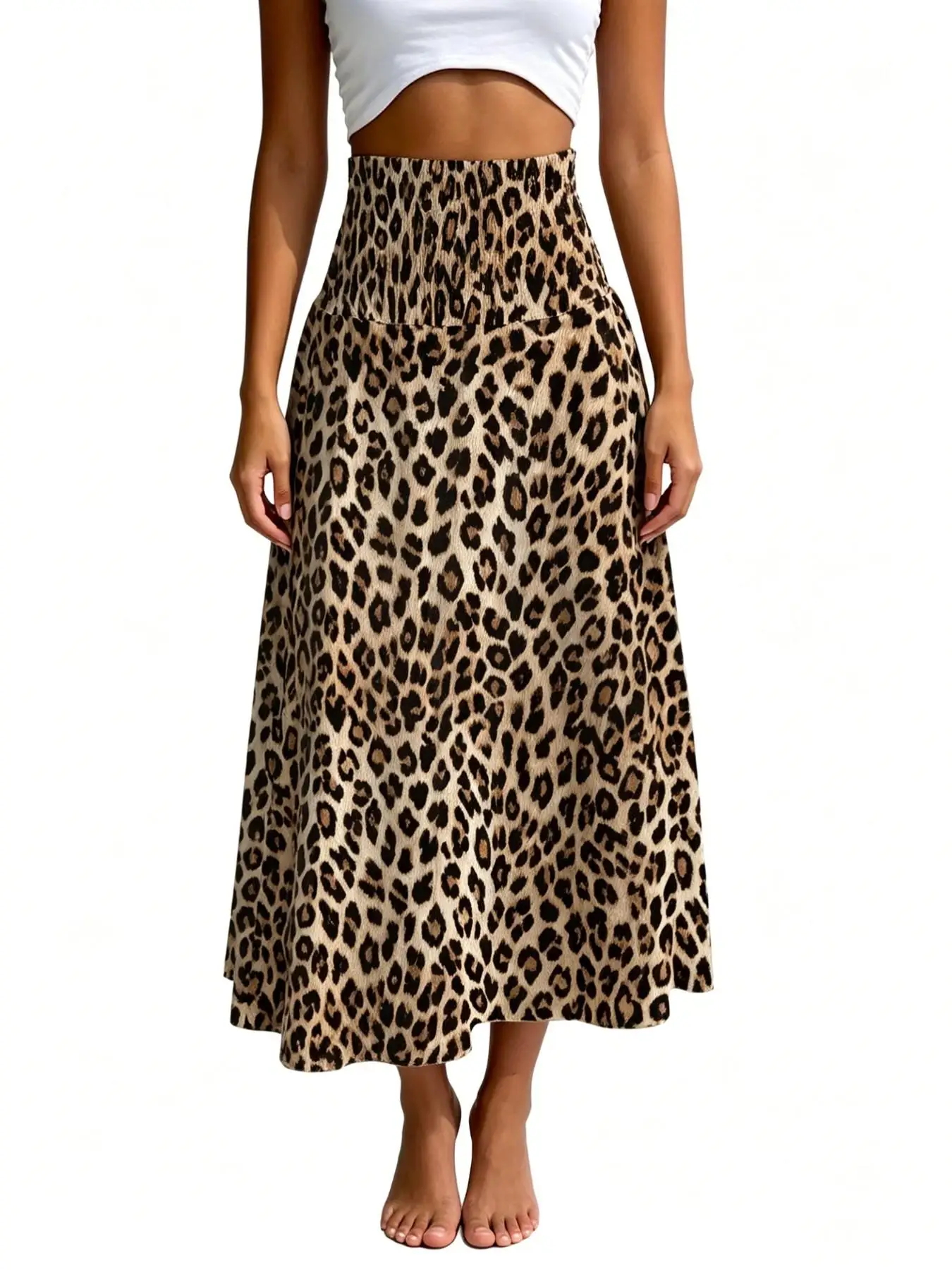 Damen Leoparden-Print Swing Maxirock mit Hoher Taille, Geraffter Taille und Dehnbarem Stoff im Casual Resort-Stil, Ideal für Strand & Alltag – Detail 6