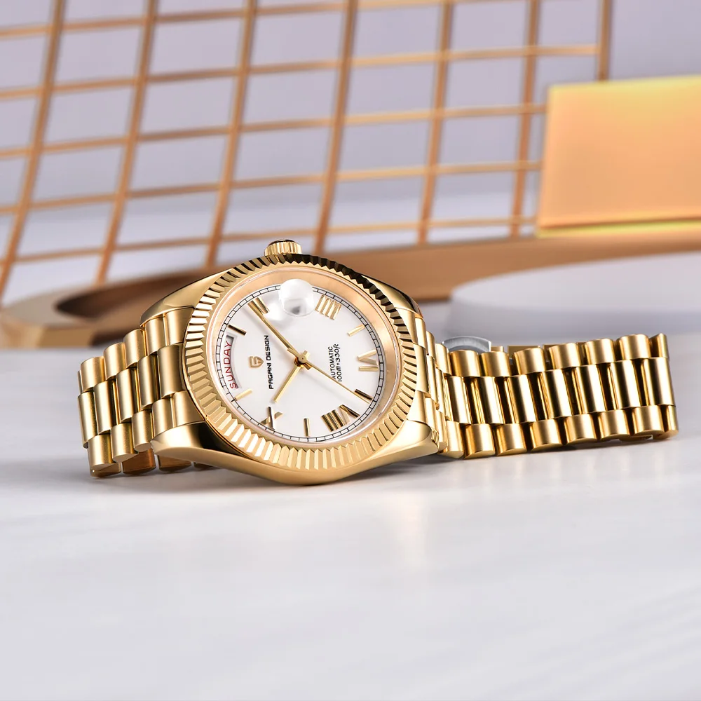 นาฬิกา Pagani ดีไซน์ใหม่ ปี 2025 รุ่น DD40 ซีรีส์สีทอง นาฬิกาอัตโนมัติสุดหรู กระจกแซฟไฟร์ AR นาฬิกาจักรกล ระบบ NH36A พร้อมวันที่ นาฬิกาข้อมือผู้ชาย