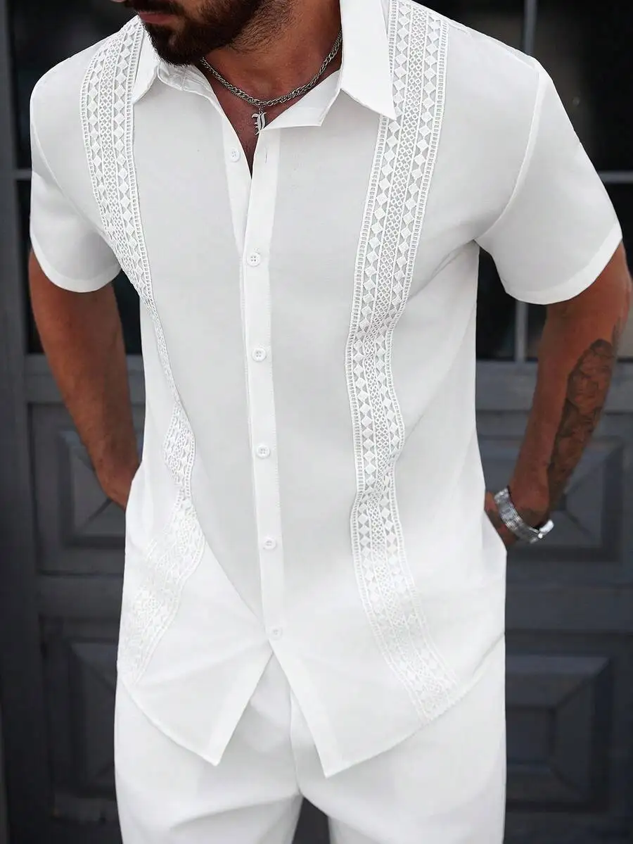 

Men's White Casual Shirt with Lace Trim Detail, Short Sleeve Summer Wear