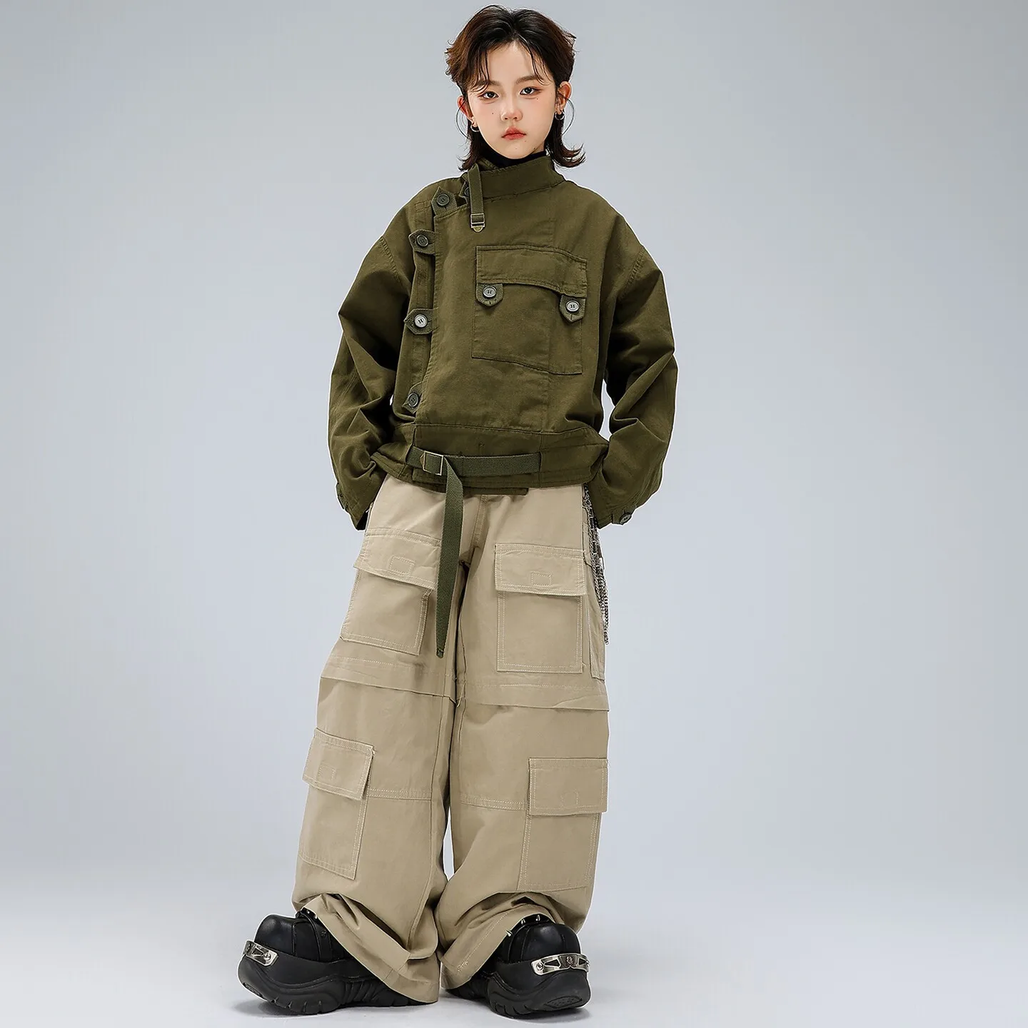 Kid Kpop Hip Hop Clothing Army Green Strap Cargo Jacket Khaki Multi Pocket Cargo Pants for Girl Boy Street Dance Costume Clothes