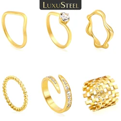 LUXUSTEEL Cubic Zirconia Women's Stainless Steel Rings 18k Gold Plated Size 6-9 Wedding Ring Fashion Jewelry Accessories Gift