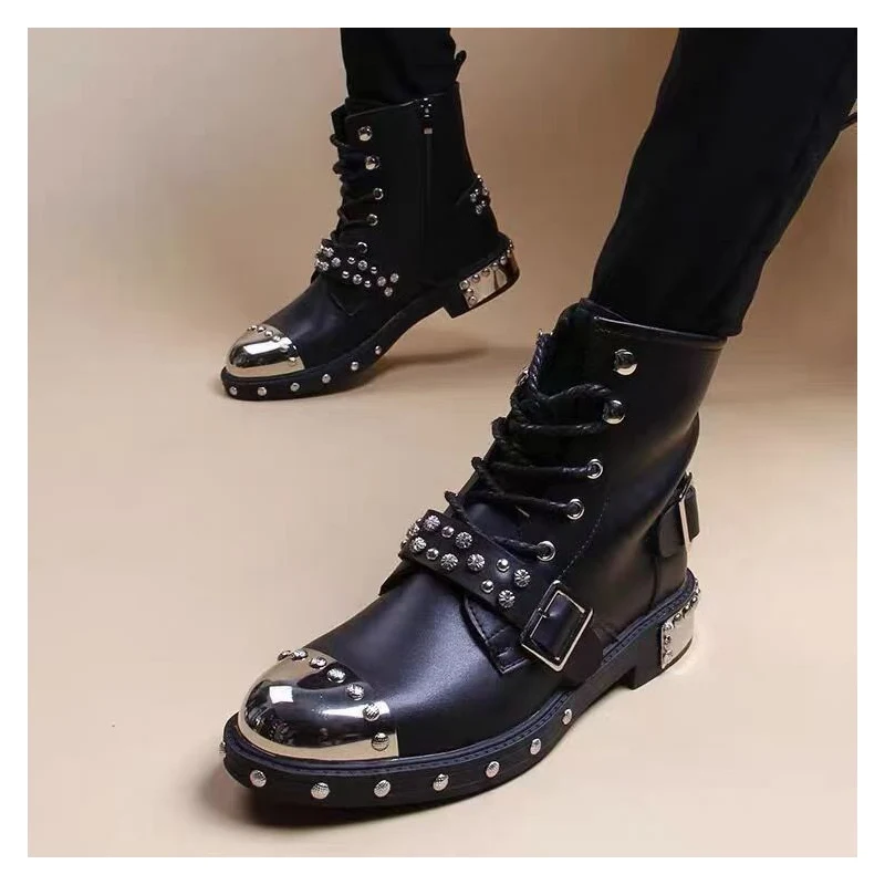 mens luxury fashion punk goth dress high motorcycle boots lace-up original leather rivets shoes cowboy platform long botas mans