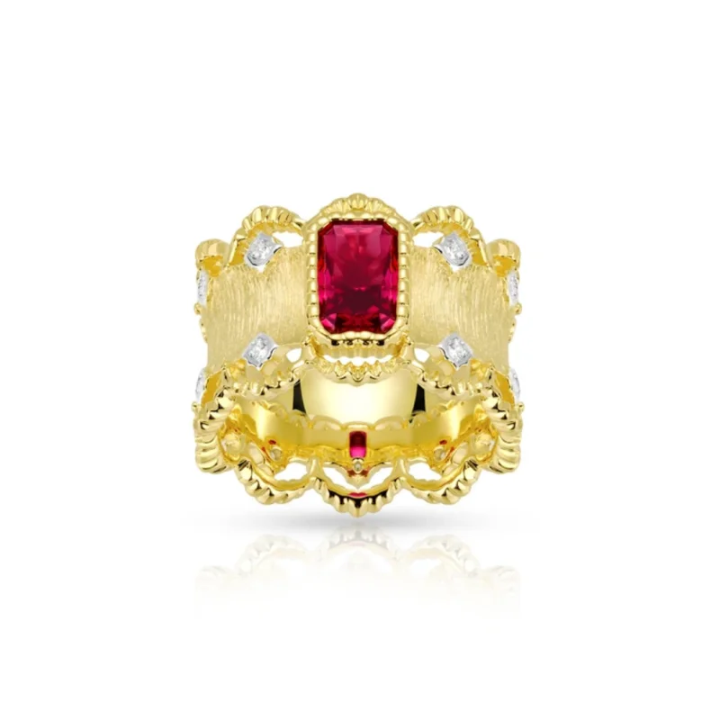 

BELLUX 925 Silver Synthetic Zircon Ring Ruby Square Brushed Full Diamond Lace Wide Edition Vintage Ring