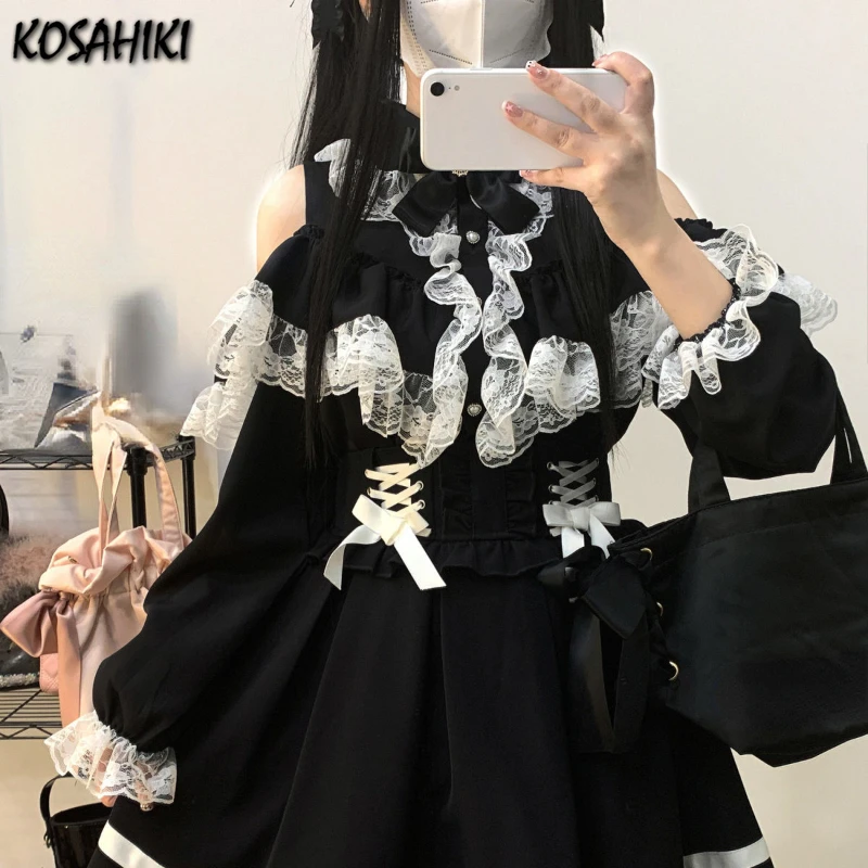 Camicia patchwork in pizzo giapponese Kawaii donna Y2k estetica scava fuori camicetta Harajuku Bow Ladies Top 2024 Lolita Blusas Femme