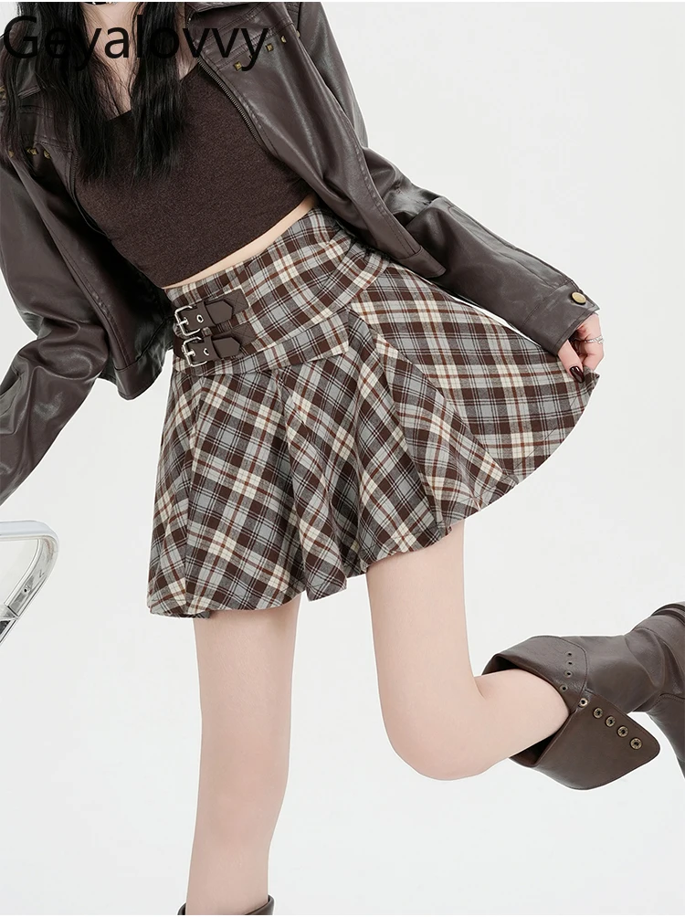 

Винтажная клетчатая короткая юбка для женщин, осенне-зимний дизайн, элегантные и милые девушки, универсальные пышные мини-юбки трапециевидной формы с высокой талией