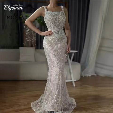Customized Elegant Evening Gown Square Pearl Shoulder Strap Prom Dress Gorgeous Lace Mermaid Evening Dresses