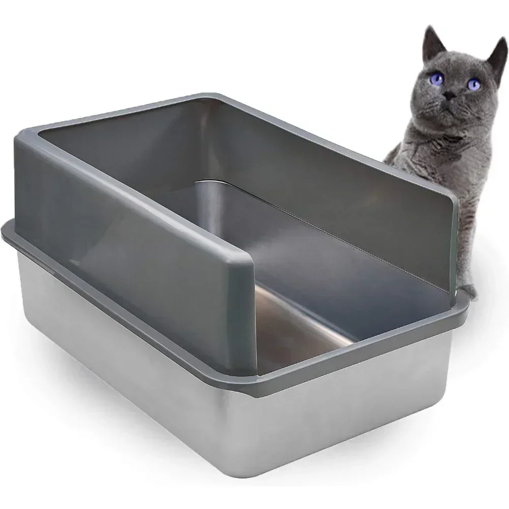 

Enclosed Sides Stainless Steel Litter Box - XL Litter Boxes for Cats - Easy Cleaning High Sided Litter Box, 1 Pan W/Enclosure