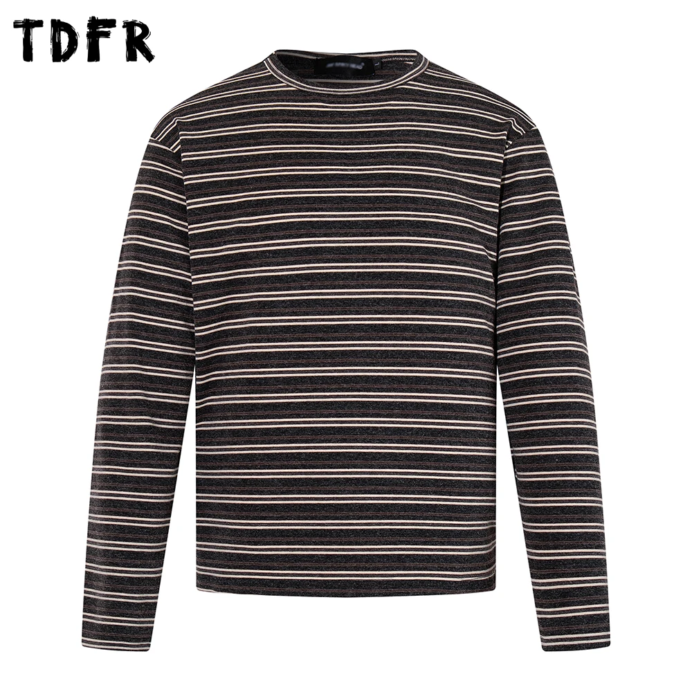 Horizontal Stripes Long Sleeve T-shirt Mens Spring Retro Casual Loose Crew Neck Tee Man Tshirt