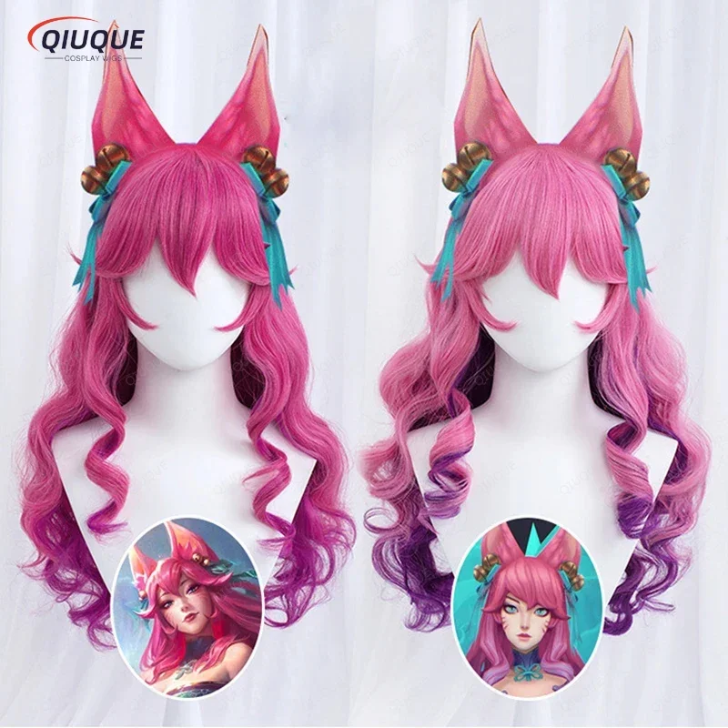 Lol spirit blossom Ahri cosplay wig long curly wave cosplay anime heat resistant synthetic hair wigs cap