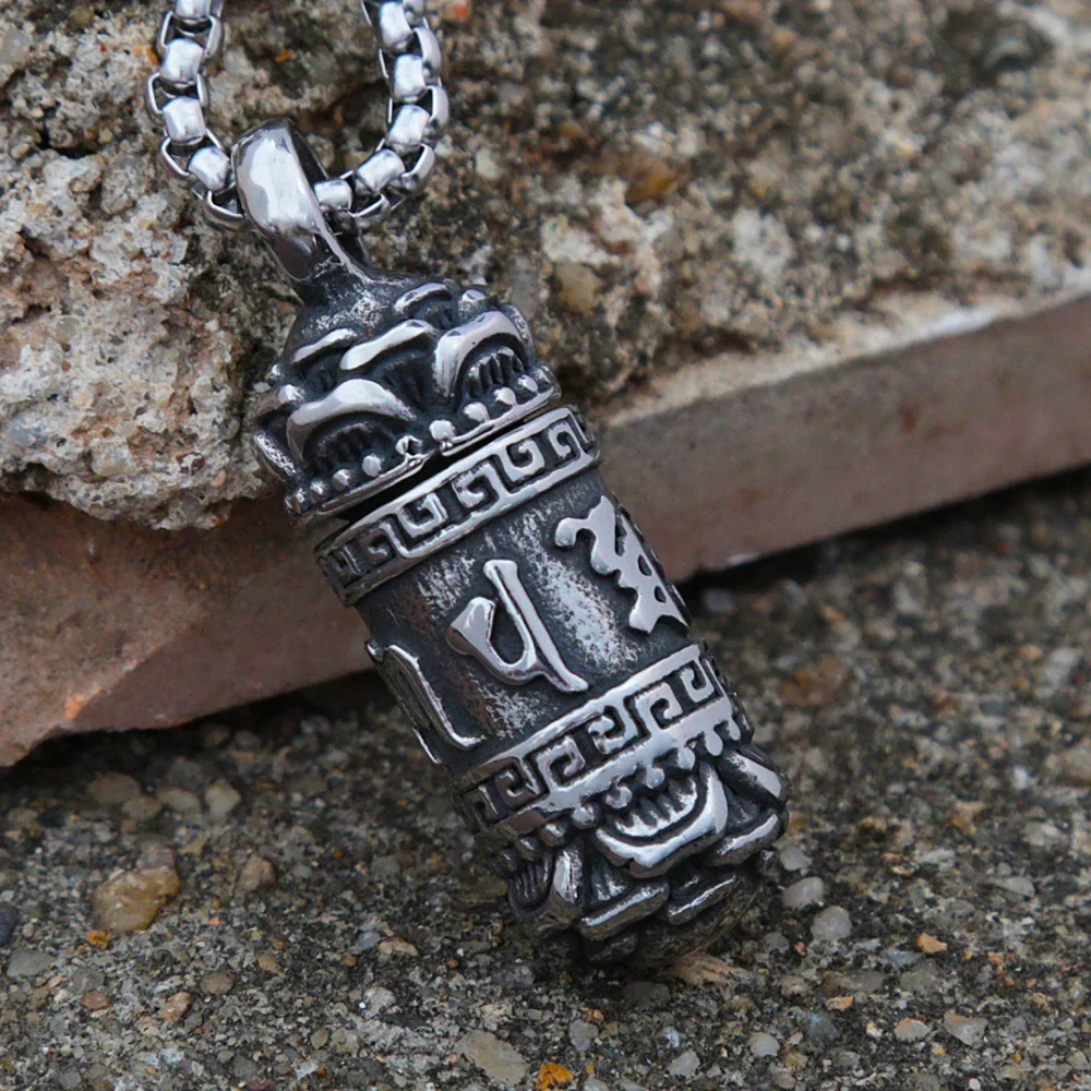 Men Buddhism Six-character Mantra Necklace Jewelry Retro Cylindrical Stainless Steel Biker Pendant Amulet Gift Wholesale