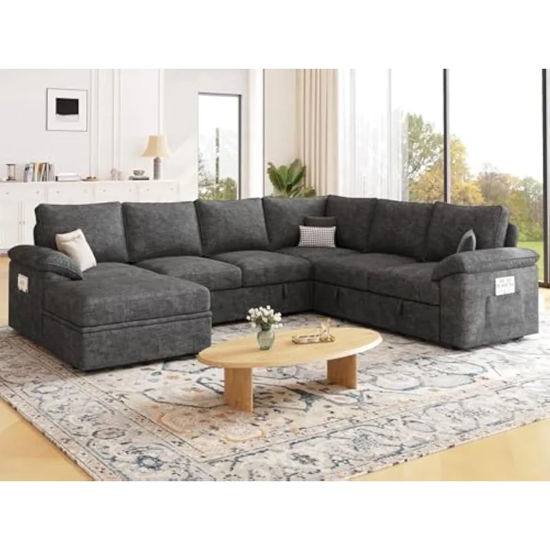 108'' Modular Sectional Sofa with Pull Out Bed, Sleeper Sofa, Dark Gray | U Shaped 7 Seat Sectional Couches for Living Room
