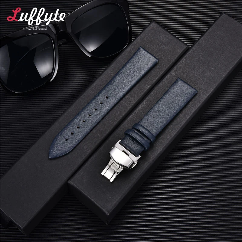 

Ремешок для часов из мягкой натуральной кожи для мужчин и женщин, ультратонкий кожаный браслет с автоматической застежкой-бабочкой, 16 мм 18 мм 20 мм 22 мм
