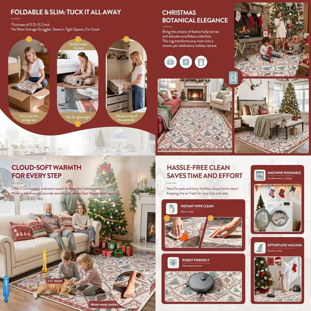 

Large 5x7 Christmas Tree & Reindeer Rugs, Soft, Washable, Non-Slip for Living Room, Bedroom, and Dining Area (Beige/Red)