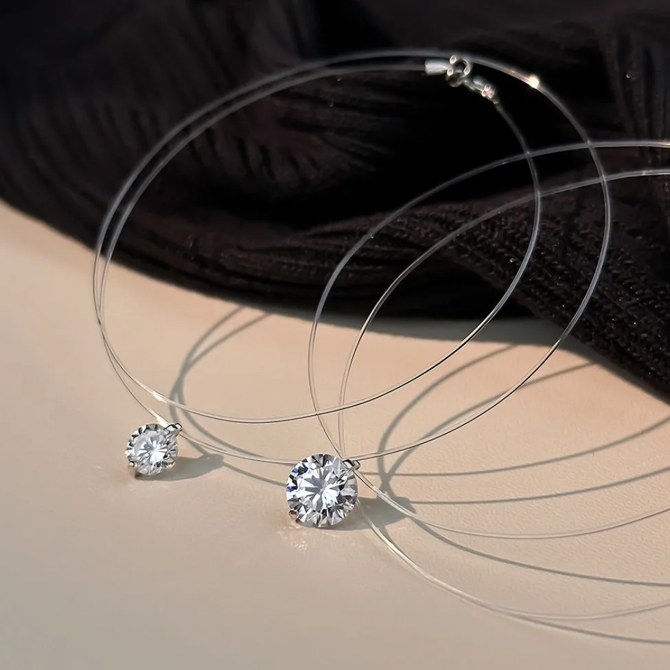 

New in simple purple diamond round fishing line invisible necklace charms White and Pink collar chain party jewelry gifts