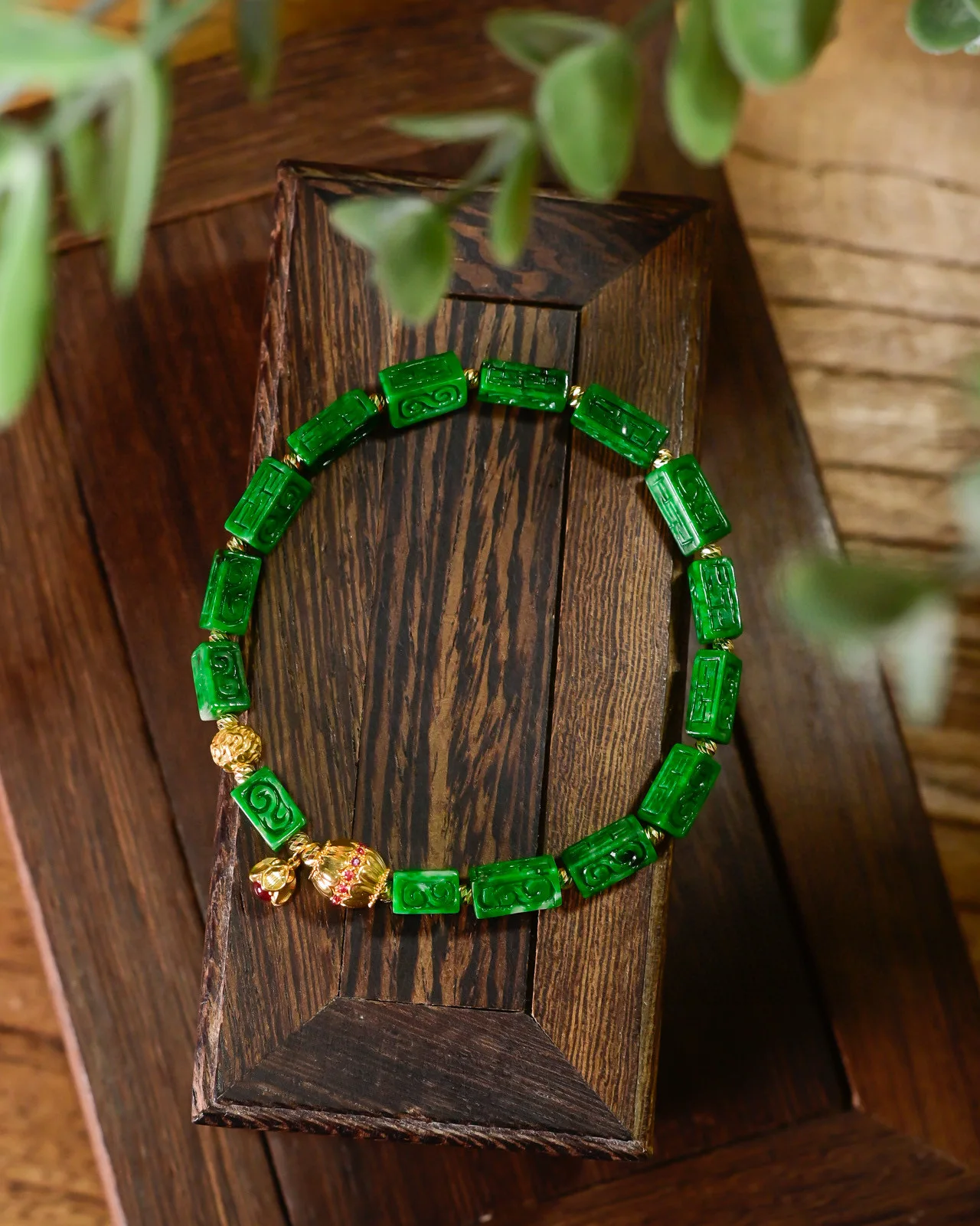 

18K Gold Natural Grade A Jadeite Bracelet - Intense Green Carved Square Beads, Ancient Gold Chinese Style Luxury Jewelry