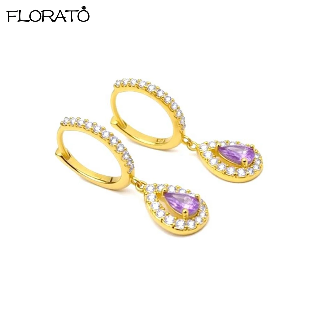 

925 Silver Needle Luxury Sparkly Zircon Pendant Hoop Earrings for Women Fashion Purple Earrings Wedding Luxury Jewelry Gifts